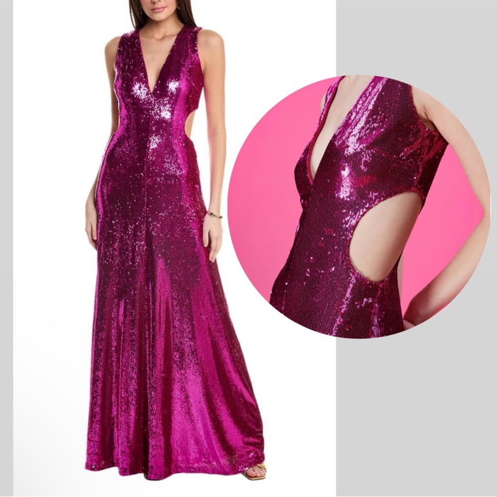 NWT $645 Halston Natalia Gown In Sequins Side Cutout Evening Dress | Size 4